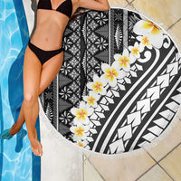 Black Vintage Tonga Ngatu Pattern With Plumeria Beach Blanket - Polynesian Pride