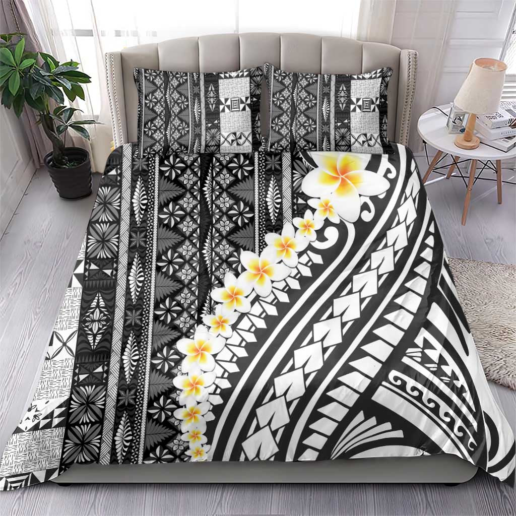 Black Vintage Tonga Ngatu Pattern With Plumeria Bedding Set - Polynesian Pride