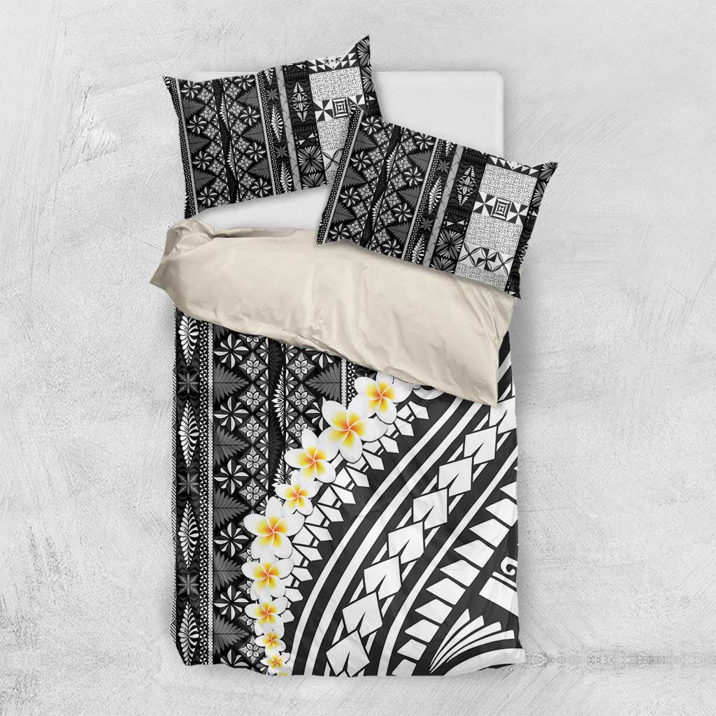 Black Vintage Tonga Ngatu Pattern With Plumeria Bedding Set - Polynesian Pride