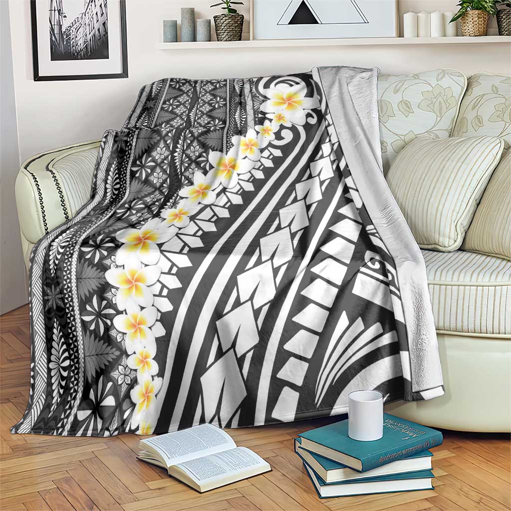 Black Vintage Tonga Ngatu Pattern With Plumeria Blanket LT05 Black - Polynesian Pride