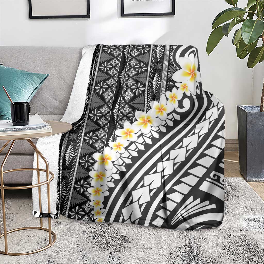Black Vintage Tonga Ngatu Pattern With Plumeria Blanket - Polynesian Pride