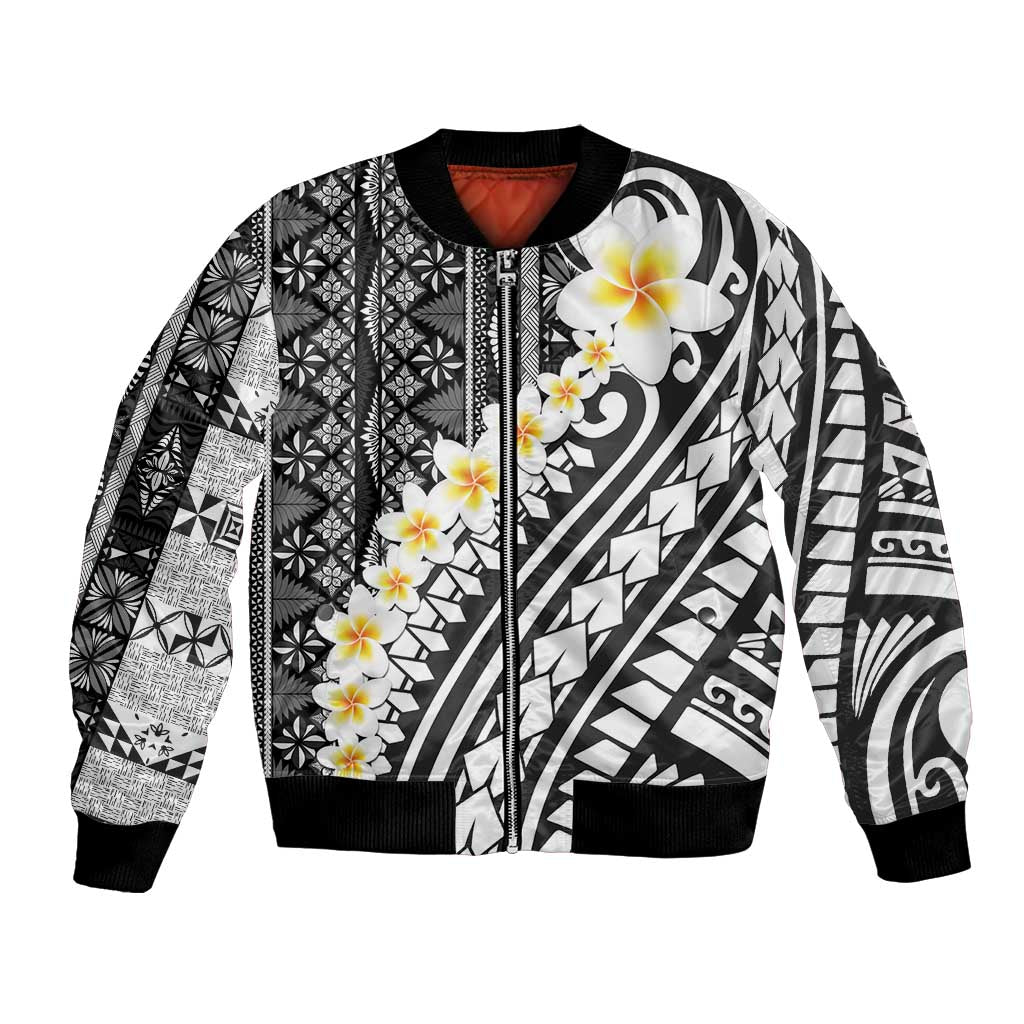 Black Vintage Tonga Ngatu Pattern With Plumeria Bomber Jacket LT05 Unisex Black - Polynesian Pride