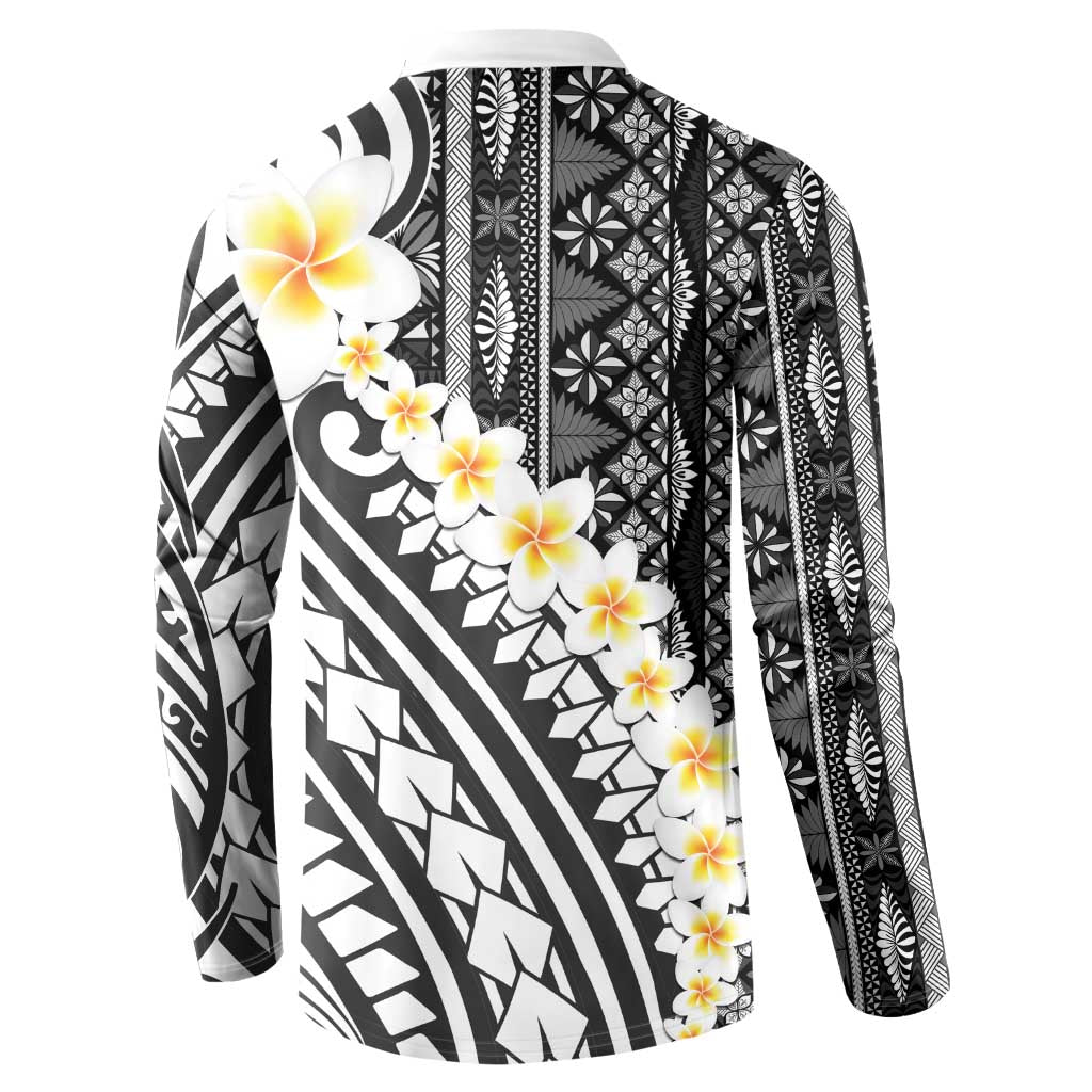 Black Vintage Tonga Ngatu Pattern With Plumeria Button Sweatshirt - Polynesian Pride