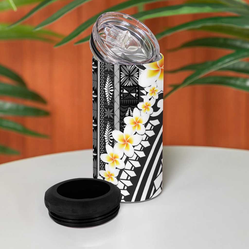 Black Vintage Tonga Ngatu Pattern With Plumeria 4 in 1 Can Cooler Tumbler - Polynesian Pride
