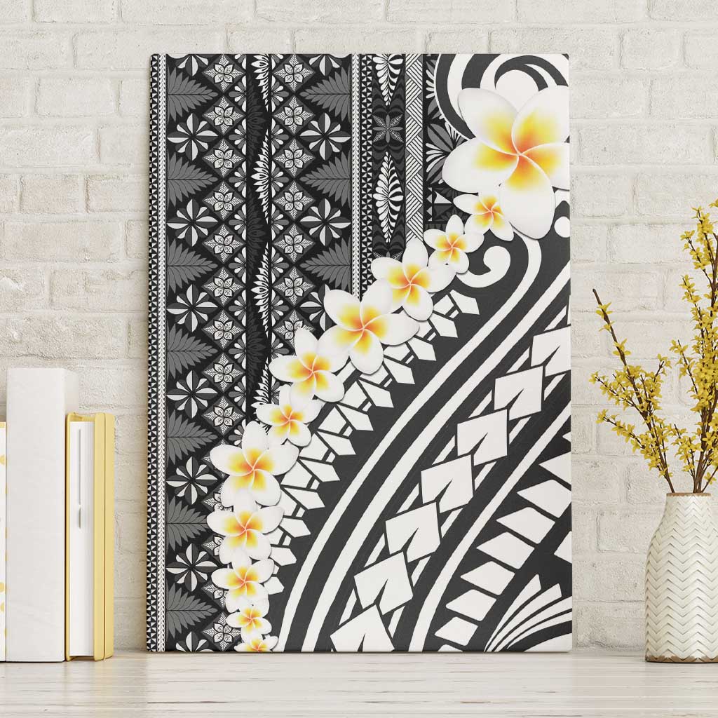Black Vintage Tonga Ngatu Pattern With Plumeria Canvas Wall Art - Polynesian Pride