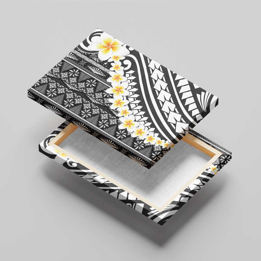 Black Vintage Tonga Ngatu Pattern With Plumeria Canvas Wall Art - Polynesian Pride
