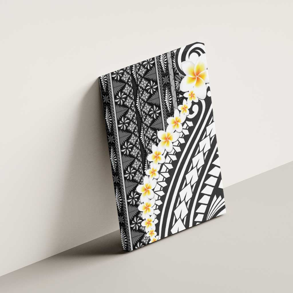 Black Vintage Tonga Ngatu Pattern With Plumeria Canvas Wall Art - Polynesian Pride