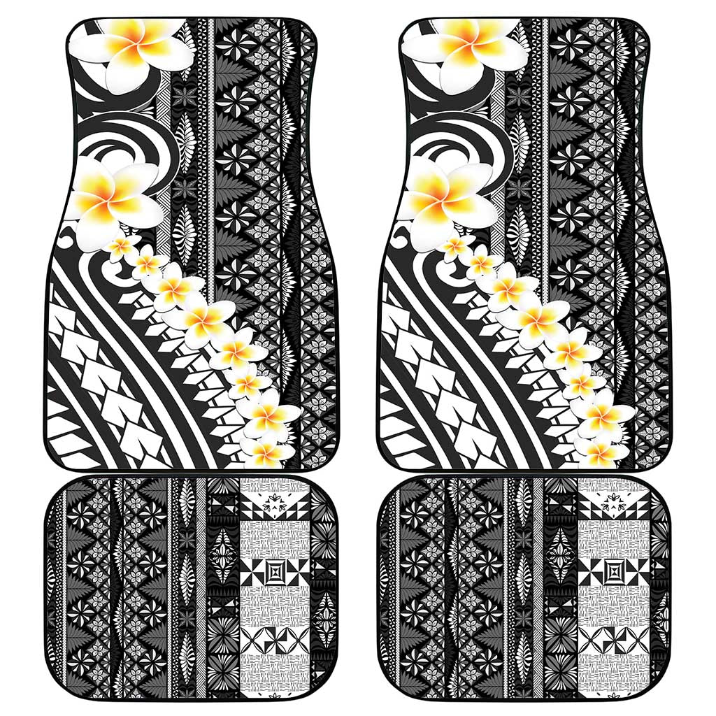 Black Vintage Tonga Ngatu Pattern With Plumeria Car Mats - Polynesian Pride