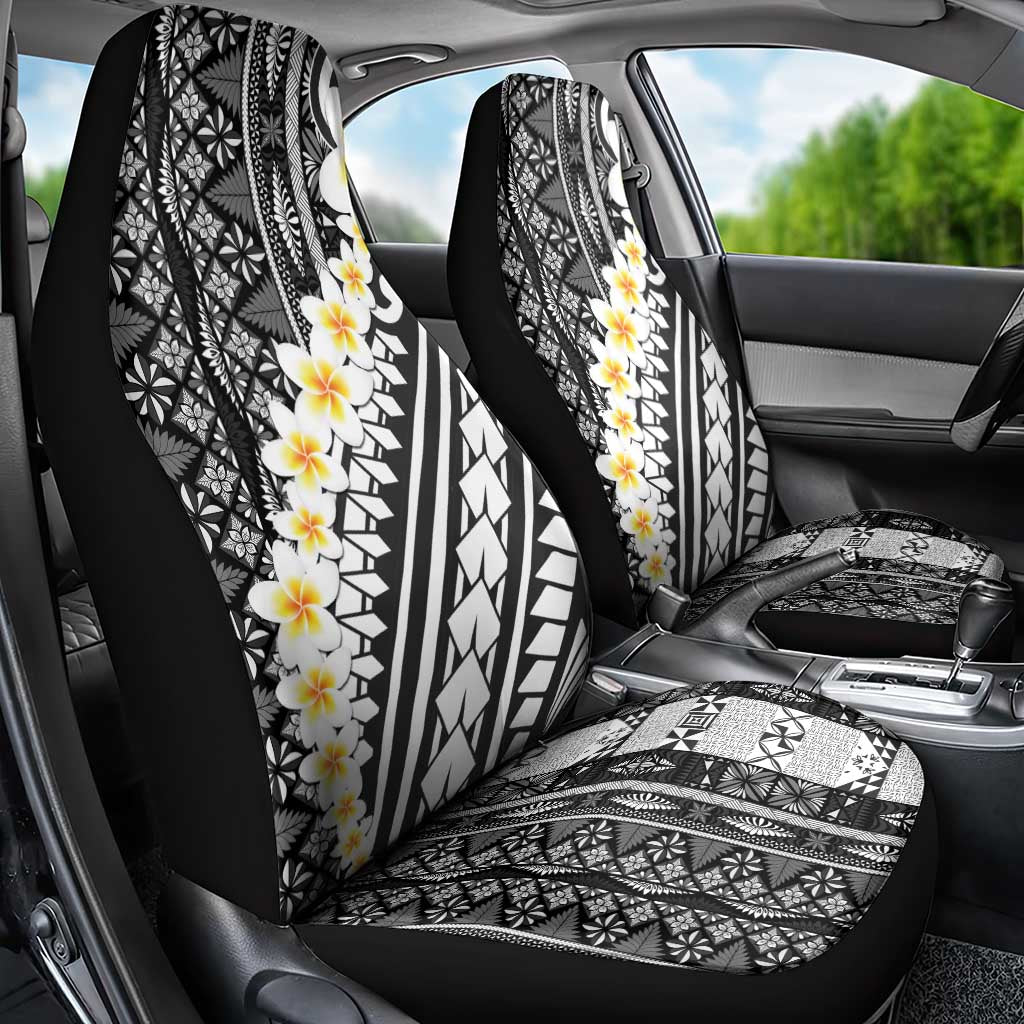 Black Vintage Tonga Ngatu Pattern With Plumeria Car Seat Cover - Polynesian Pride