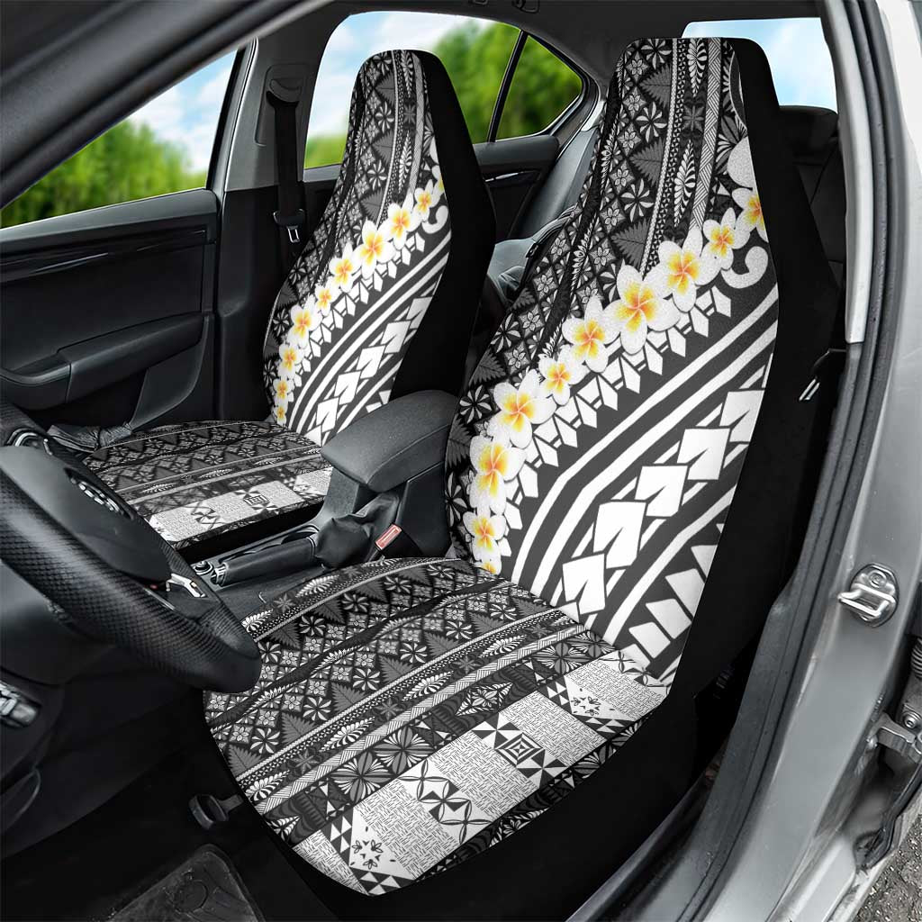 Black Vintage Tonga Ngatu Pattern With Plumeria Car Seat Cover - Polynesian Pride