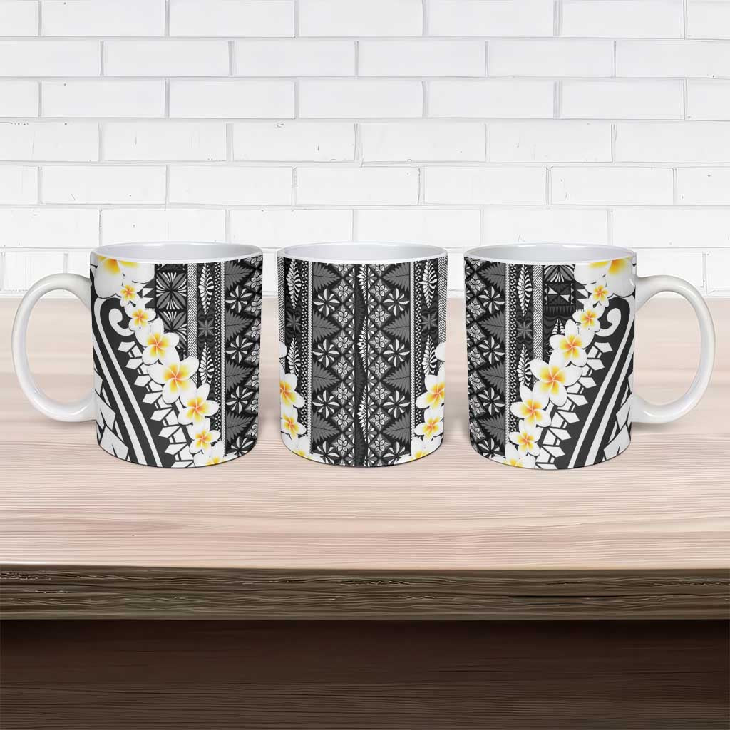 Black Vintage Tonga Ngatu Pattern With Plumeria Ceramic Mug - Polynesian Pride