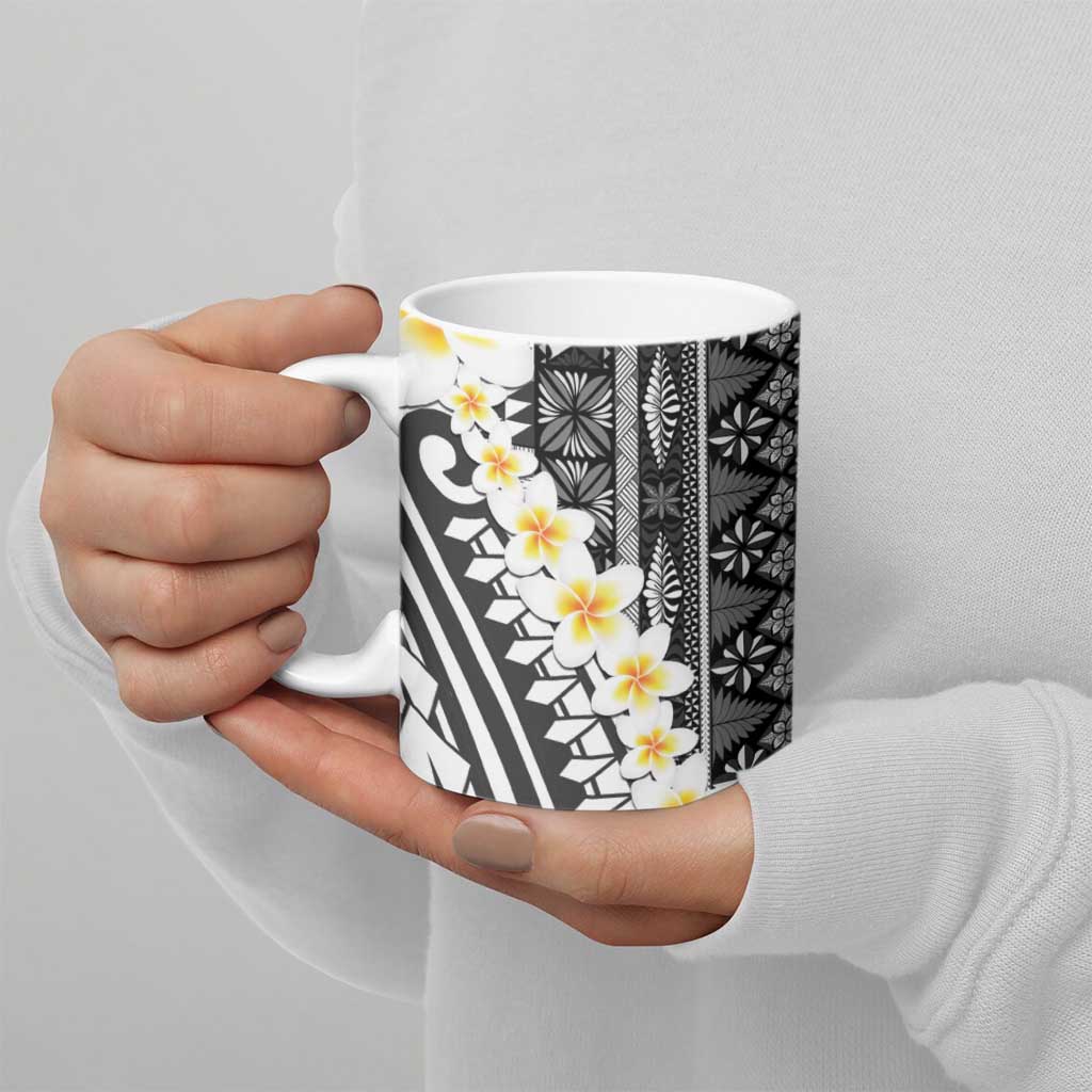 Black Vintage Tonga Ngatu Pattern With Plumeria Ceramic Mug - Polynesian Pride