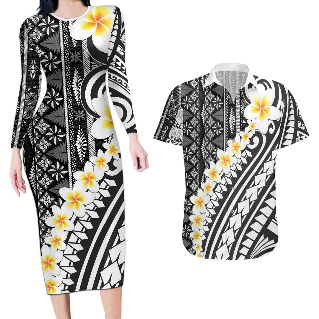 Black Vintage Tonga Ngatu Pattern With Plumeria Couples Matching Long Sleeve Bodycon Dress and Hawaiian Shirt - Polynesian Pride