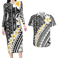 Black Vintage Tonga Ngatu Pattern With Plumeria Couples Matching Long Sleeve Bodycon Dress and Hawaiian Shirt - Polynesian Pride