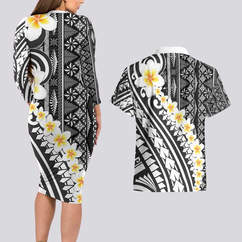 Black Vintage Tonga Ngatu Pattern With Plumeria Couples Matching Long Sleeve Bodycon Dress and Hawaiian Shirt - Polynesian Pride