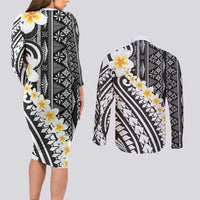 Black Vintage Tonga Ngatu Pattern With Plumeria Couples Matching Long Sleeve Bodycon Dress and Long Sleeve Button Shirt LT05 - Polynesian Pride