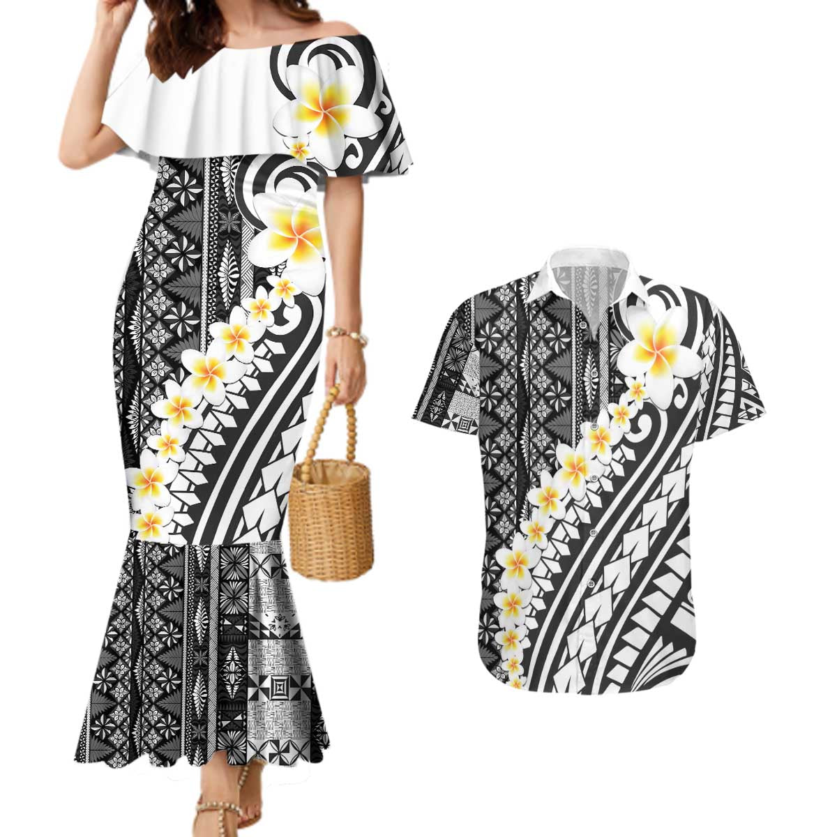 Black Vintage Tonga Ngatu Pattern With Plumeria Couples Matching Mermaid Dress and Hawaiian Shirt LT05 Black - Polynesian Pride