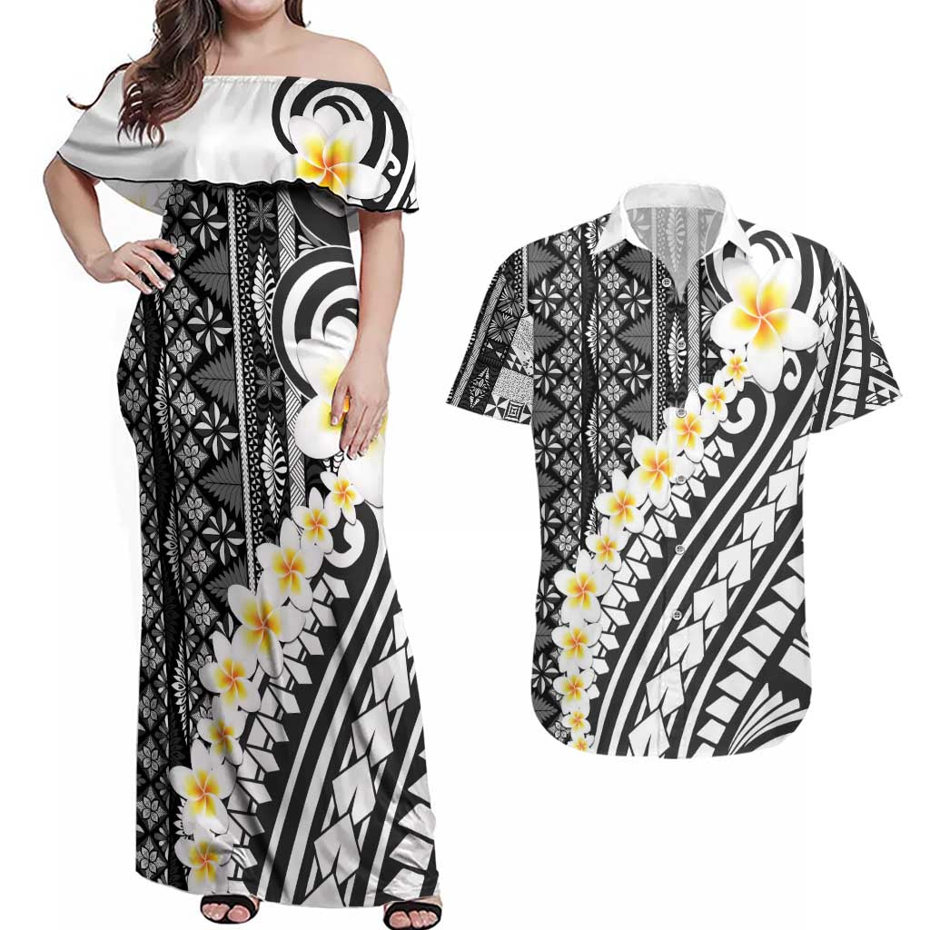 Black Vintage Tonga Ngatu Pattern With Plumeria Couples Matching Off Shoulder Maxi Dress and Hawaiian Shirt LT05 Black - Polynesian Pride