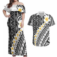 Black Vintage Tonga Ngatu Pattern With Plumeria Couples Matching Off Shoulder Maxi Dress and Hawaiian Shirt - Polynesian Pride