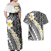Black Vintage Tonga Ngatu Pattern With Plumeria Couples Matching Off Shoulder Maxi Dress and Hawaiian Shirt - Polynesian Pride