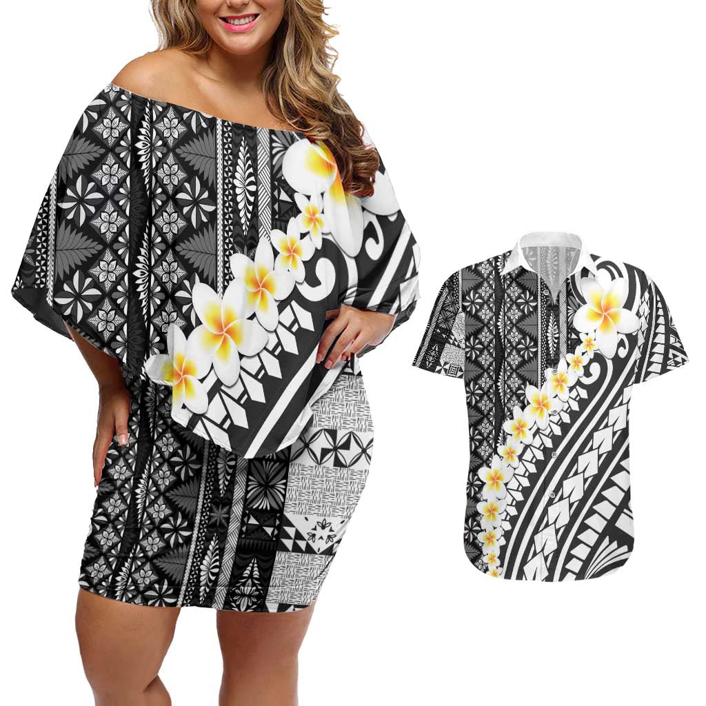 Black Vintage Tonga Ngatu Pattern With Plumeria Couples Matching Off Shoulder Short Dress and Hawaiian Shirt LT05 Black - Polynesian Pride