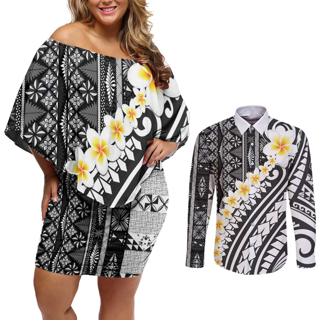 Black Vintage Tonga Ngatu Pattern With Plumeria Couples Matching Off Shoulder Short Dress and Long Sleeve Button Shirt LT05 Black - Polynesian Pride