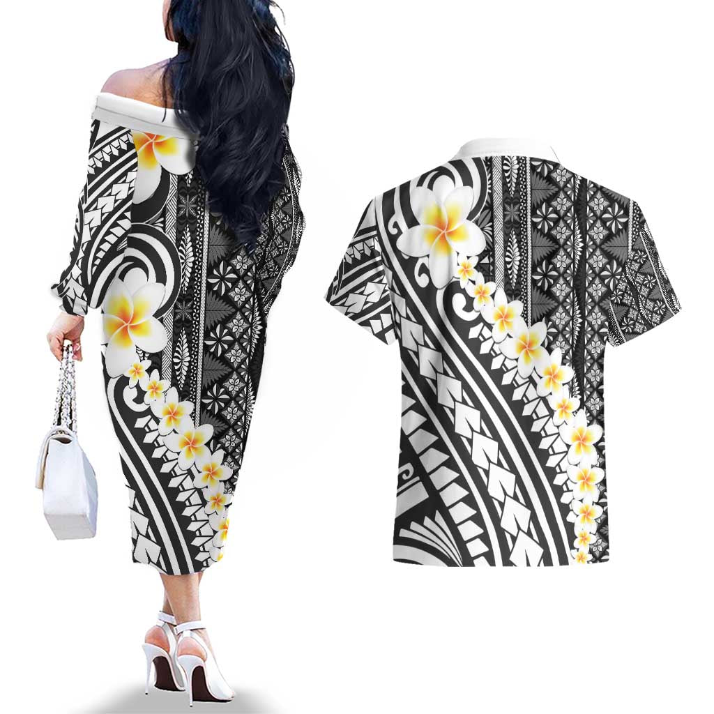 Black Vintage Tonga Ngatu Pattern With Plumeria Couples Matching Off The Shoulder Long Sleeve Dress and Hawaiian Shirt - Polynesian Pride
