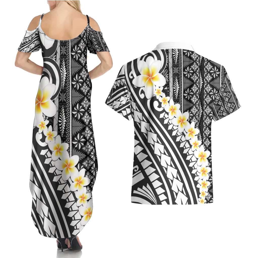Black Vintage Tonga Ngatu Pattern With Plumeria Couples Matching Summer Maxi Dress and Hawaiian Shirt - Polynesian Pride