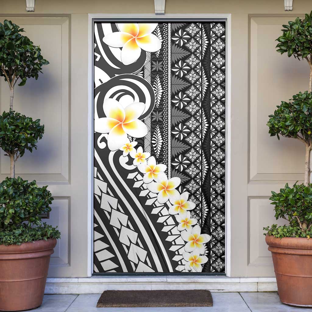 Black Vintage Tonga Ngatu Pattern With Plumeria Door Cover - Polynesian Pride