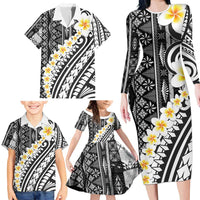 Black Vintage Tonga Ngatu Pattern With Plumeria Family Matching Long Sleeve Bodycon Dress and Hawaiian Shirt - Polynesian Pride
