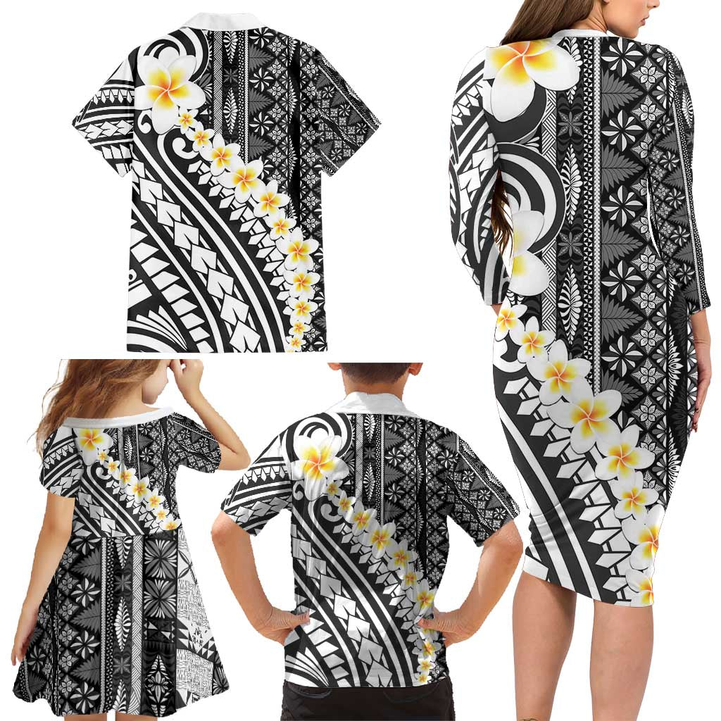 Black Vintage Tonga Ngatu Pattern With Plumeria Family Matching Long Sleeve Bodycon Dress and Hawaiian Shirt - Polynesian Pride