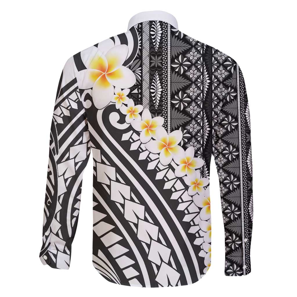 Black Vintage Tonga Ngatu Pattern With Plumeria Family Matching Long Sleeve Bodycon Dress and Hawaiian Shirt - Polynesian Pride