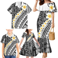 Black Vintage Tonga Ngatu Pattern With Plumeria Family Matching Mermaid Dress and Hawaiian Shirt - Polynesian Pride