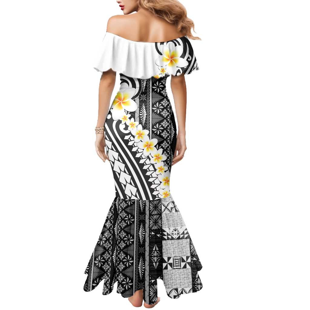 Black Vintage Tonga Ngatu Pattern With Plumeria Family Matching Mermaid Dress and Hawaiian Shirt - Polynesian Pride