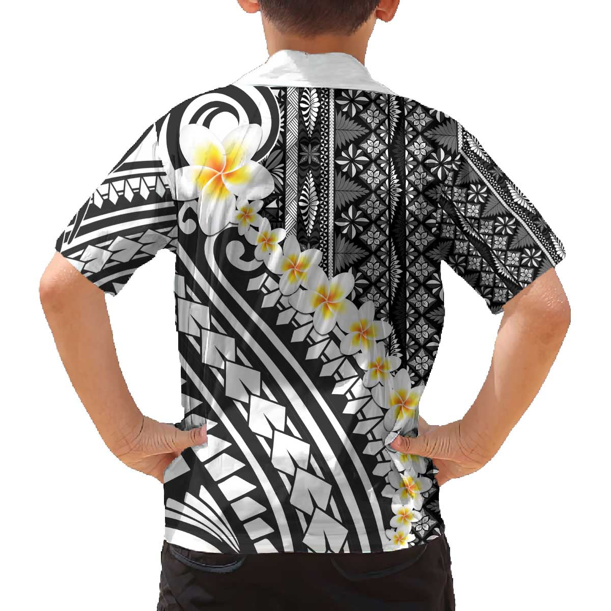 Black Vintage Tonga Ngatu Pattern With Plumeria Family Matching Off The Shoulder Long Sleeve Dress and Hawaiian Shirt - Polynesian Pride