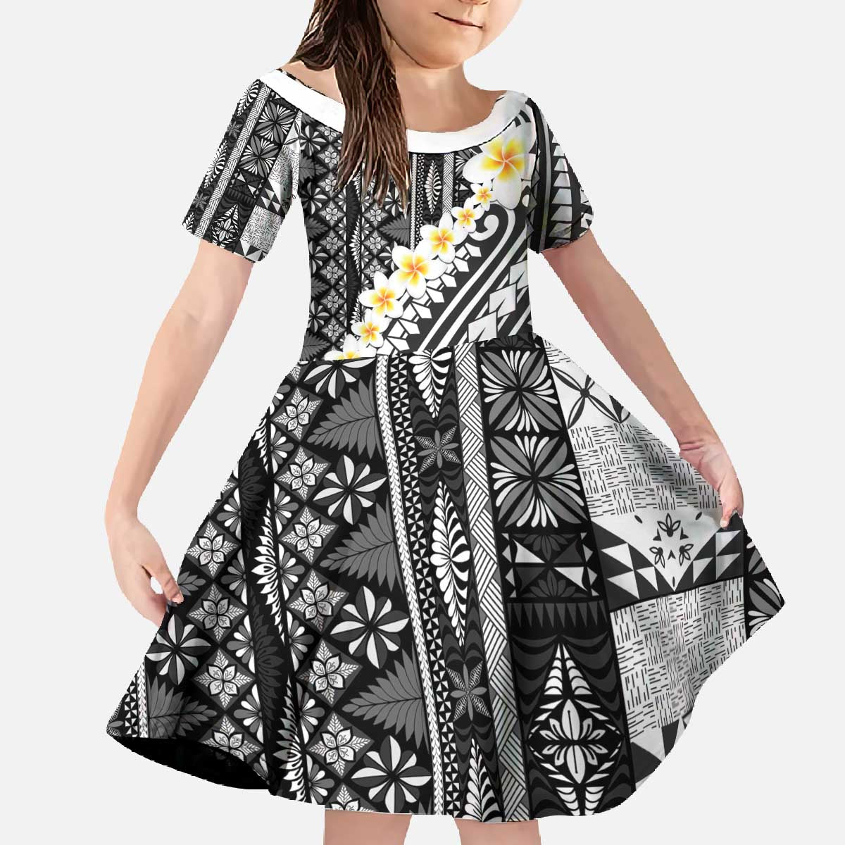 Black Vintage Tonga Ngatu Pattern With Plumeria Family Matching Off The Shoulder Long Sleeve Dress and Hawaiian Shirt - Polynesian Pride