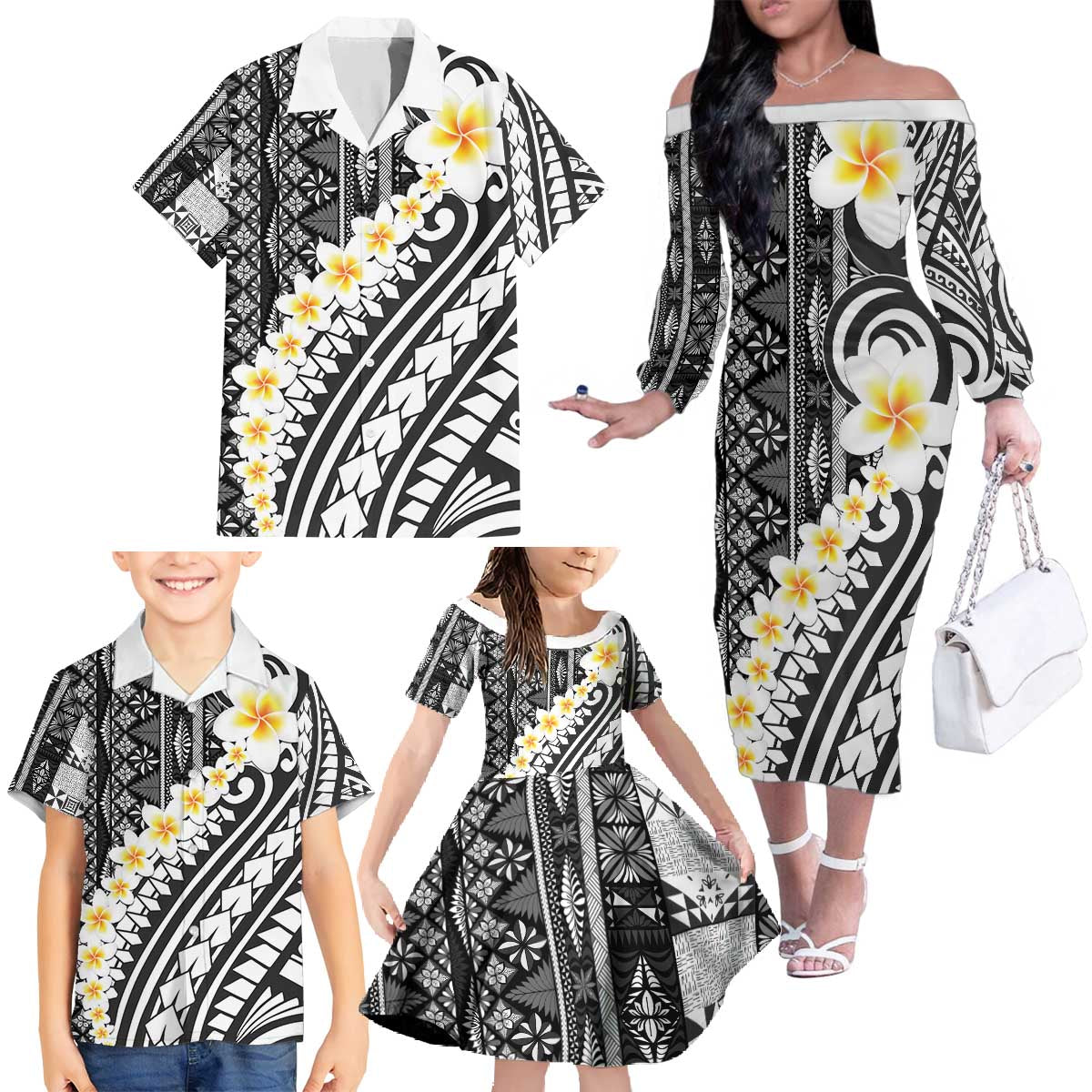 Black Vintage Tonga Ngatu Pattern With Plumeria Family Matching Off The Shoulder Long Sleeve Dress and Hawaiian Shirt - Polynesian Pride