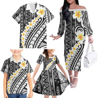 Black Vintage Tonga Ngatu Pattern With Plumeria Family Matching Off The Shoulder Long Sleeve Dress and Hawaiian Shirt - Polynesian Pride
