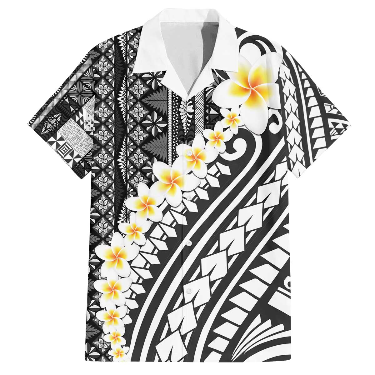 Black Vintage Tonga Ngatu Pattern With Plumeria Family Matching Off The Shoulder Long Sleeve Dress and Hawaiian Shirt - Polynesian Pride