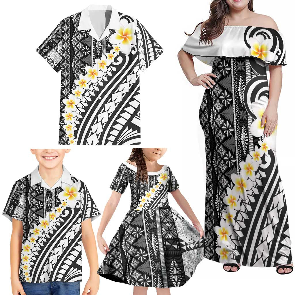Black Vintage Tonga Ngatu Pattern With Plumeria Family Matching Off Shoulder Maxi Dress and Hawaiian Shirt - Polynesian Pride
