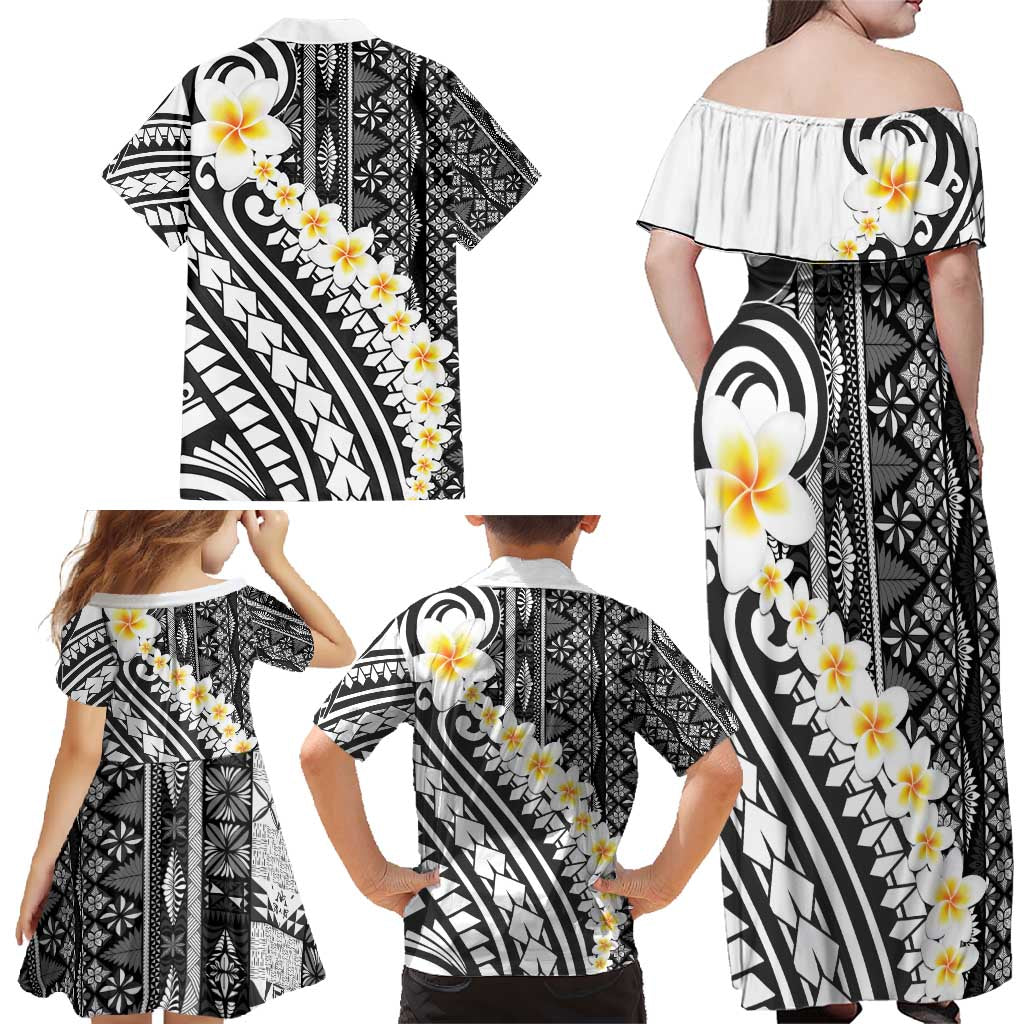Black Vintage Tonga Ngatu Pattern With Plumeria Family Matching Off Shoulder Maxi Dress and Hawaiian Shirt - Polynesian Pride