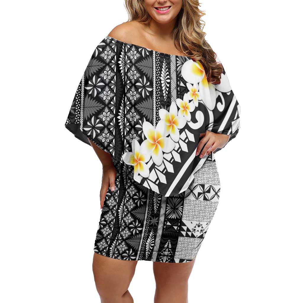 Black Vintage Tonga Ngatu Pattern With Plumeria Family Matching Off Shoulder Short Dress and Hawaiian Shirt - Polynesian Pride