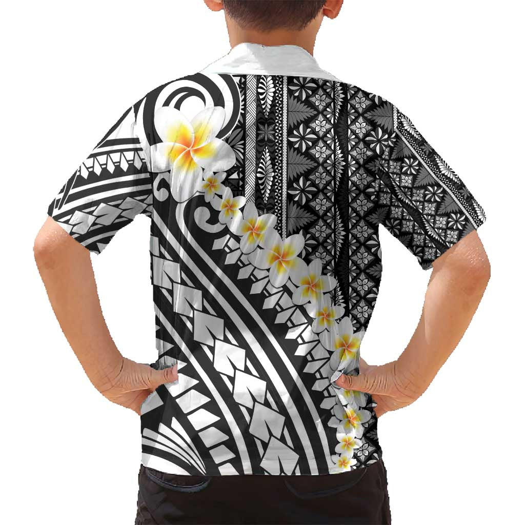 Black Vintage Tonga Ngatu Pattern With Plumeria Family Matching Puletasi and Hawaiian Shirt LT05 - Polynesian Pride