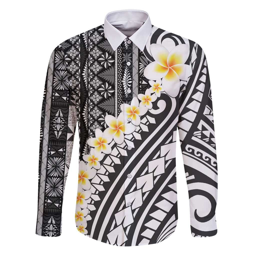 Black Vintage Tonga Ngatu Pattern With Plumeria Family Matching Puletasi and Hawaiian Shirt LT05 Dad's Shirt - Long Sleeve Black - Polynesian Pride