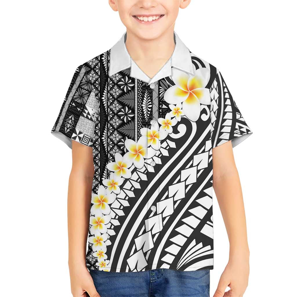 Black Vintage Tonga Ngatu Pattern With Plumeria Family Matching Puletasi and Hawaiian Shirt LT05 Son's Shirt Black - Polynesian Pride
