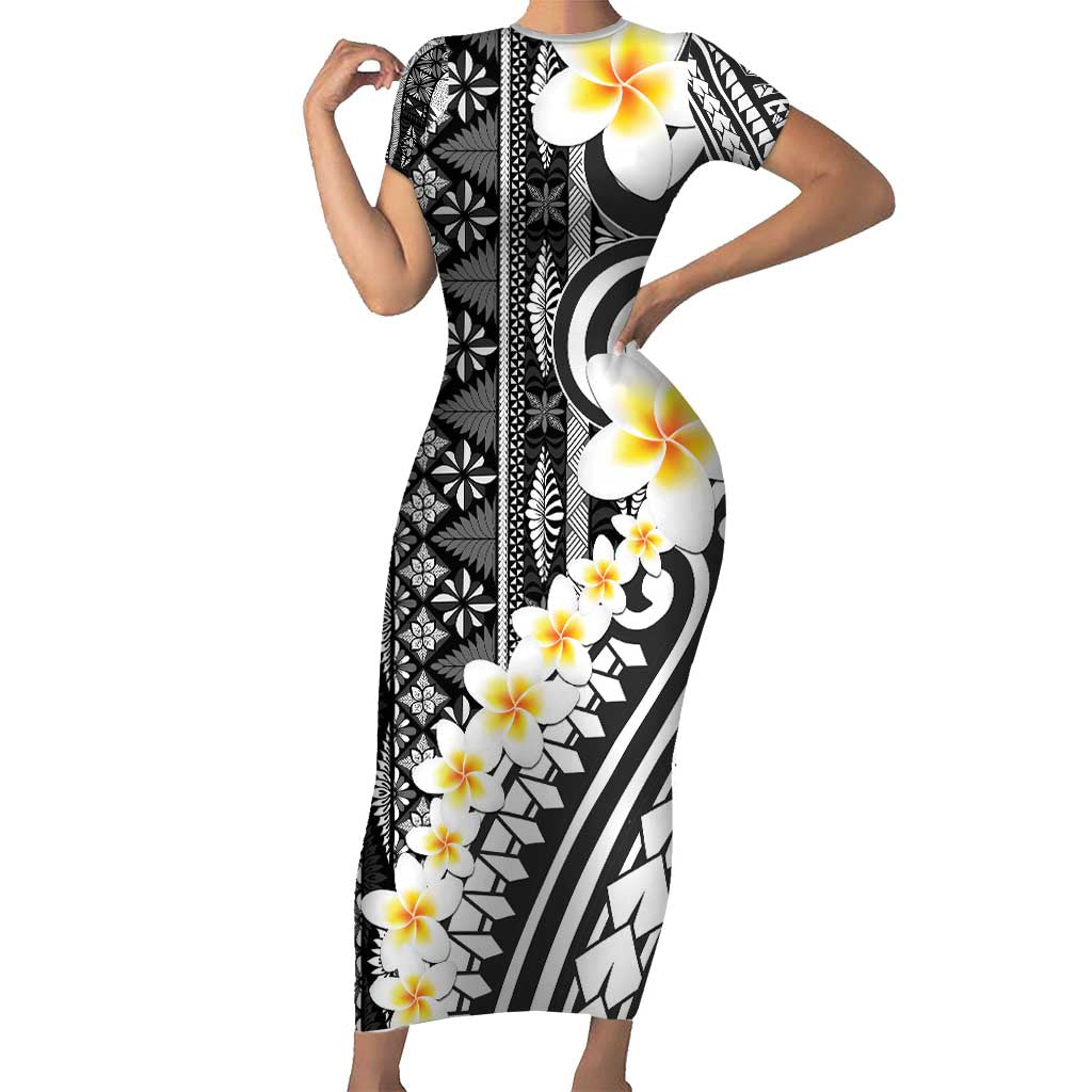 Black Vintage Tonga Ngatu Pattern With Plumeria Family Matching Short Sleeve Bodycon Dress and Hawaiian Shirt - Polynesian Pride