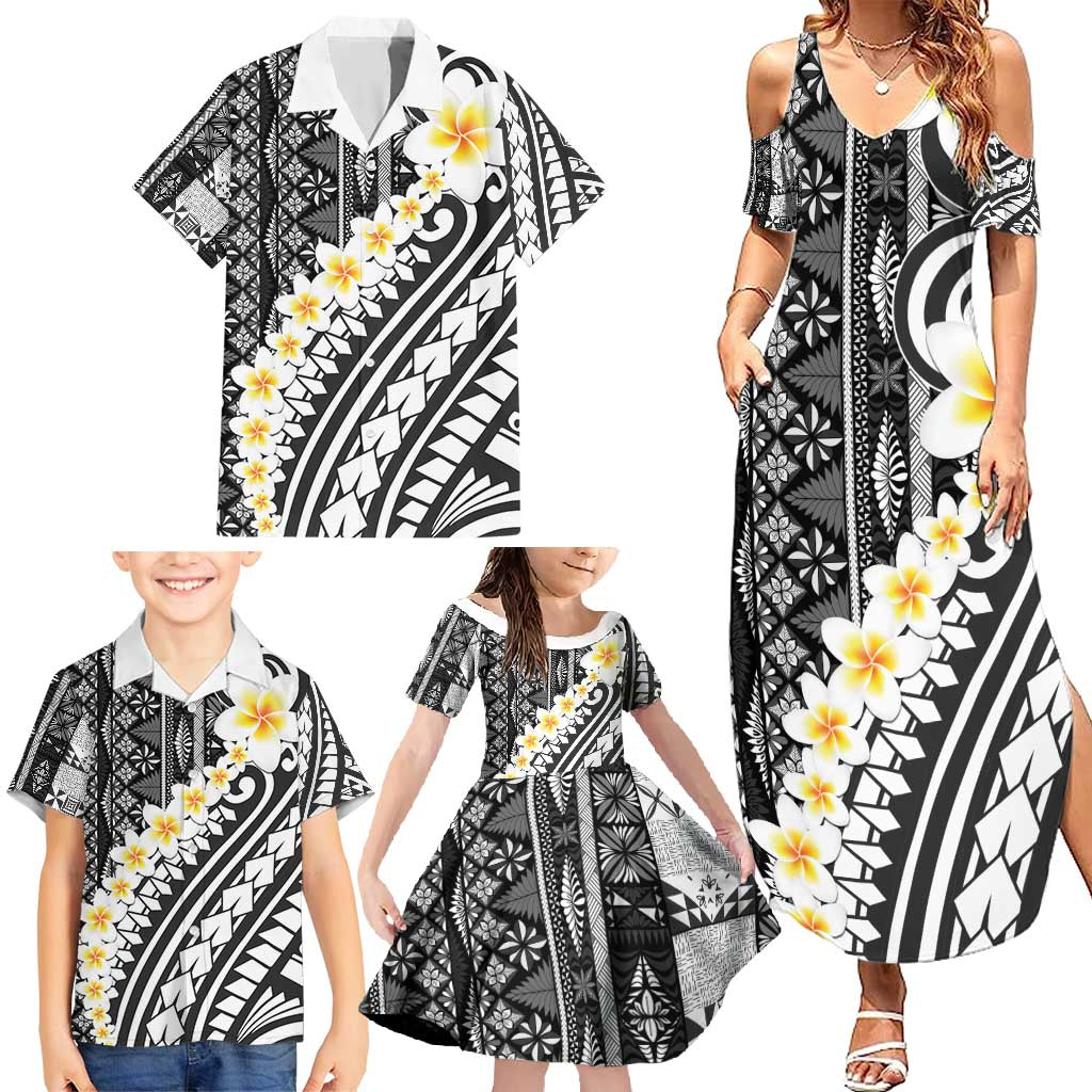 Black Vintage Tonga Ngatu Pattern With Plumeria Family Matching Summer Maxi Dress and Hawaiian Shirt LT05 - Polynesian Pride