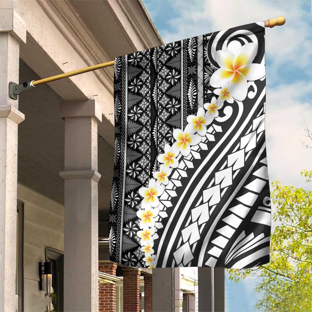 Black Vintage Tonga Ngatu Pattern With Plumeria Garden Flag LT05 House Flag Black - Polynesian Pride