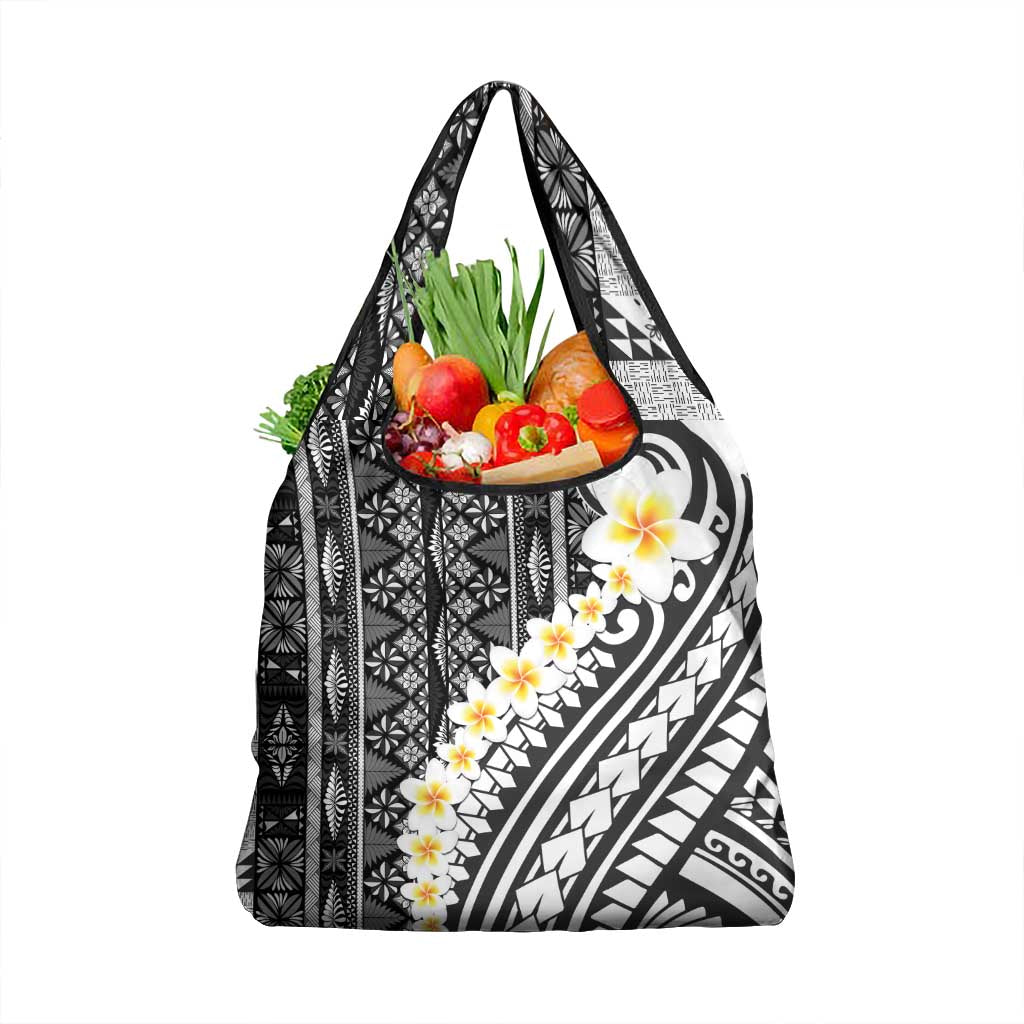 Black Vintage Tonga Ngatu Pattern With Plumeria Grocery Bag - Polynesian Pride