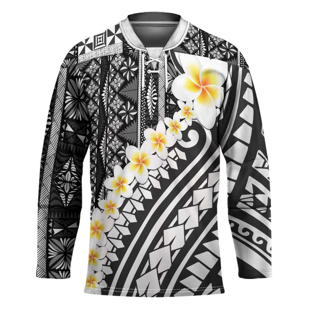 Black Vintage Tonga Ngatu Pattern With Plumeria Hockey Jersey LT05 Unisex Black - Polynesian Pride